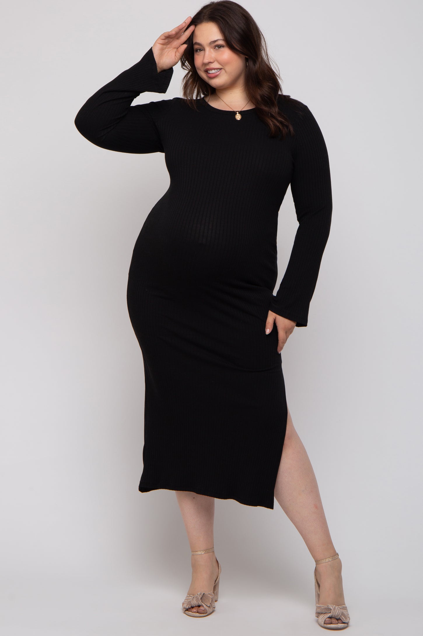 Black Ribbed Side Slit Maternity Plus Maxi Dress