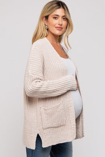 Beige Brushed Chenille Knit Maternity Cardigan