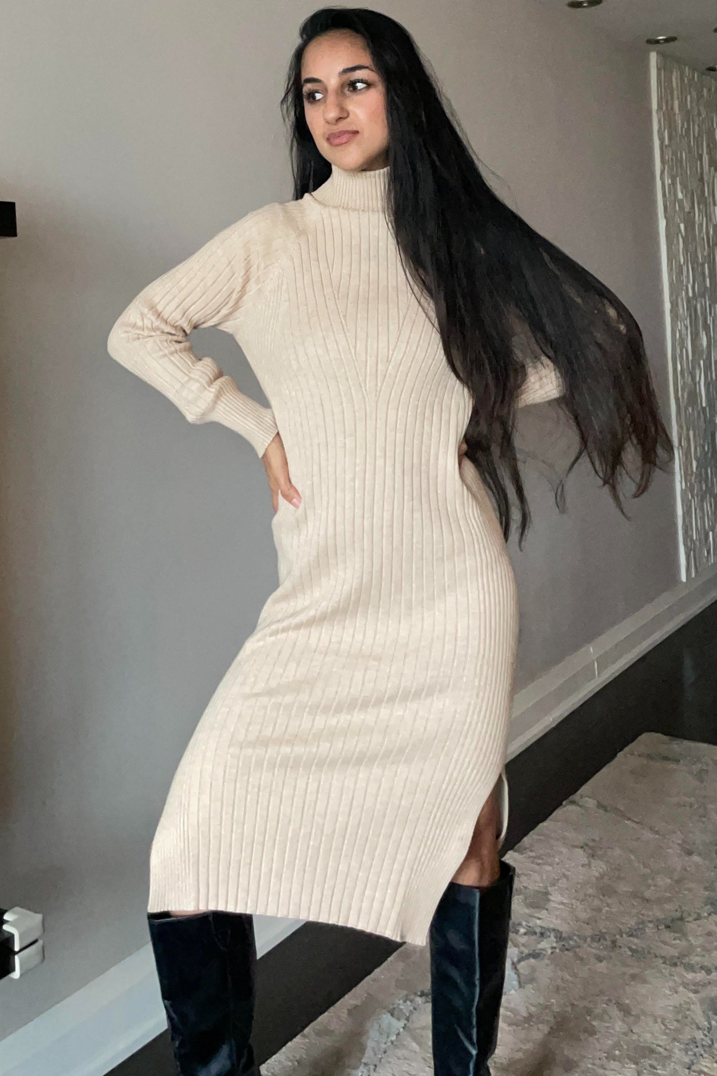 Beige Long Sleeve Turtleneck Sweater Dress