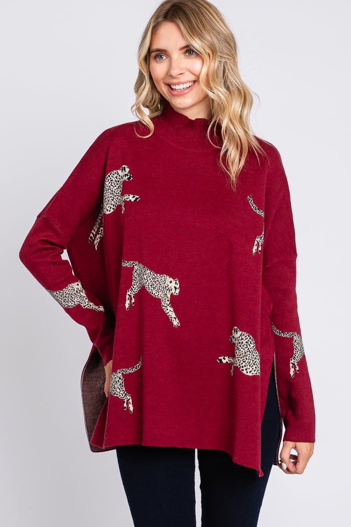 Burgundy Animal Print Side Slit Maternity Sweater