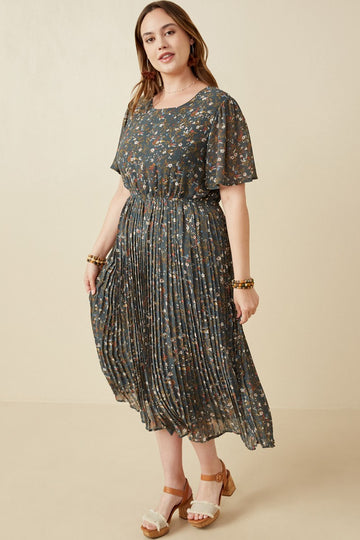 Forest Green Floral Pleated Chiffon Plus Midi Dress