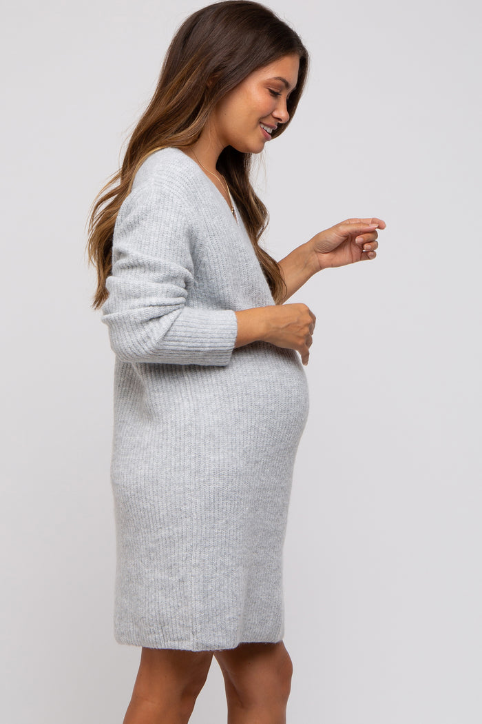 Heather Grey V-Neck Oversized Maternity Sweater Dress