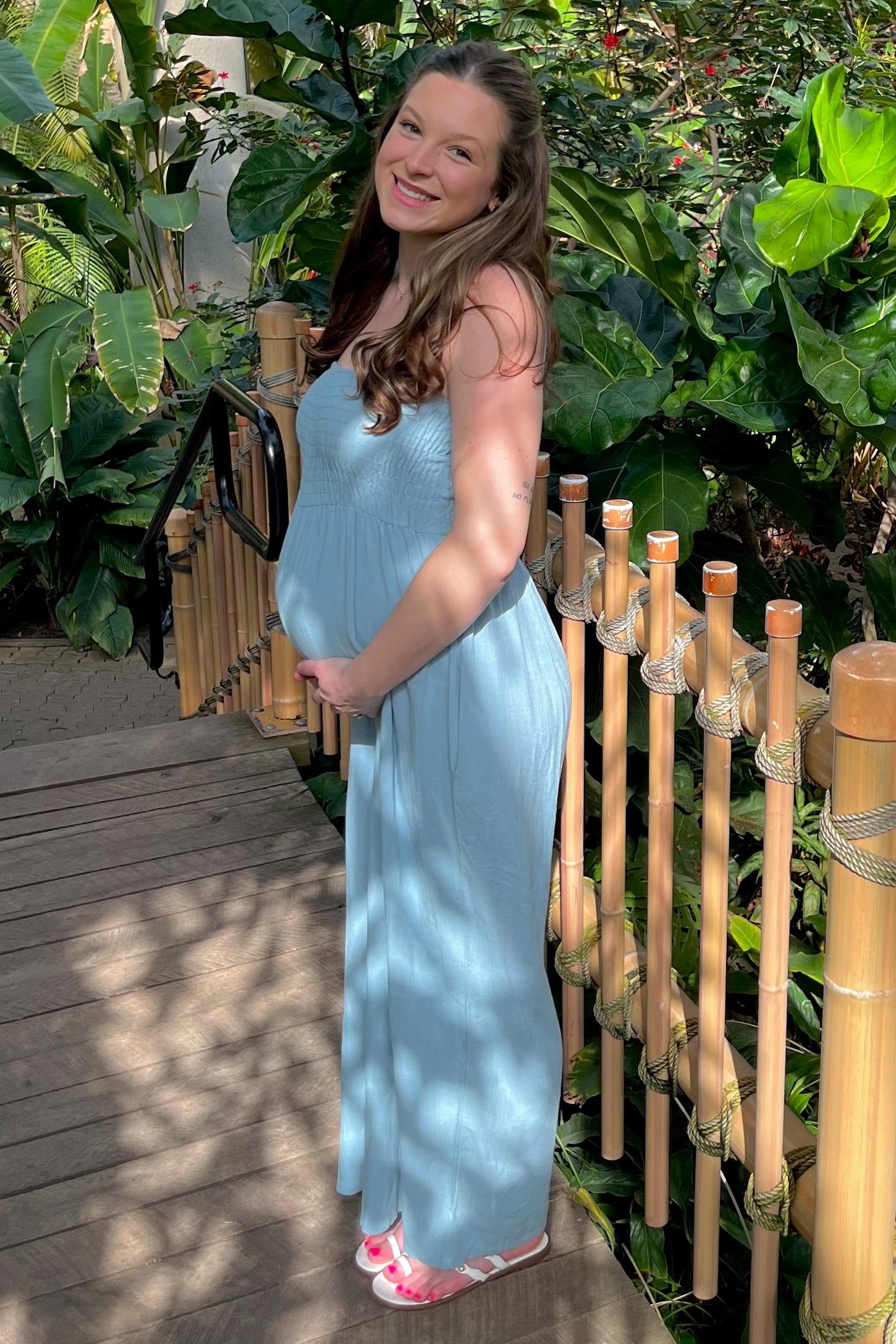 Light Blue Smocked Linen Wide Leg Maternity Jumpsuit