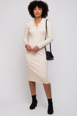 Beige Ribbed Knit Collared Long Sleeve Maternity Midi Dress
