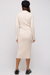 Beige Ribbed Knit Collared Long Sleeve Maternity Midi Dress