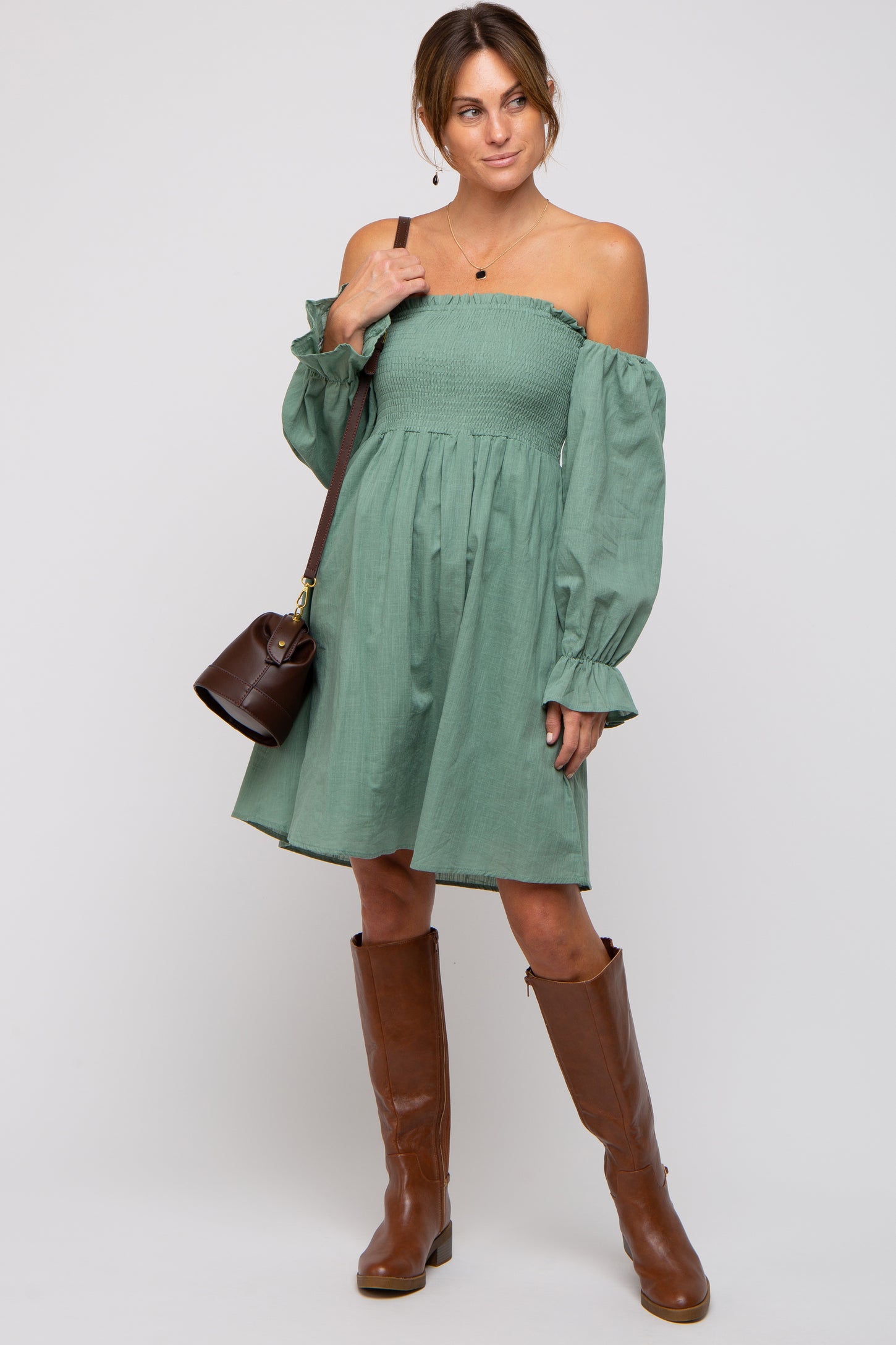 Green Smocked Off Shoulder Long Sleeve Dress