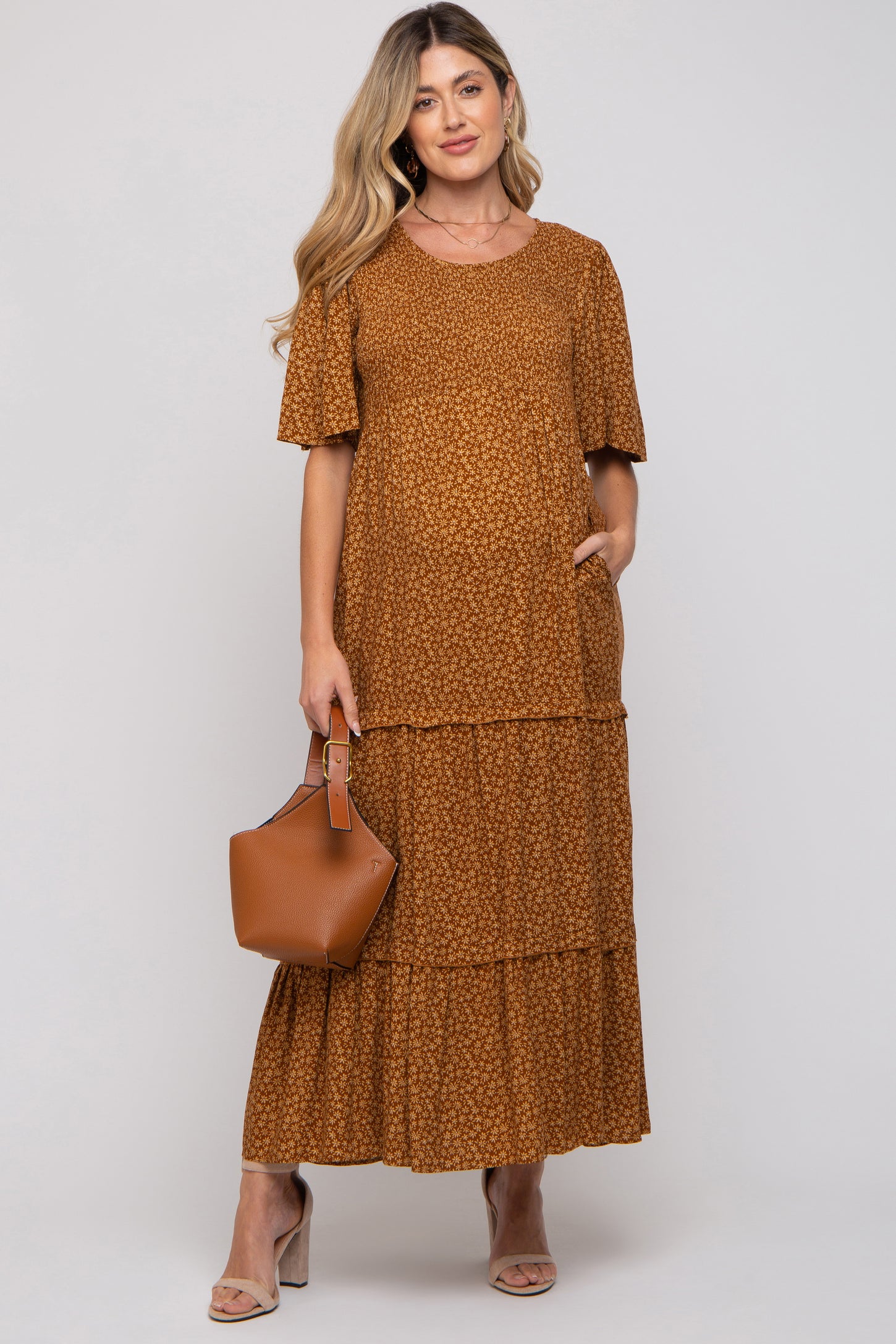 Camel Ditsy Floral Smocked Ruffle Tiered Maternity Midi Dress