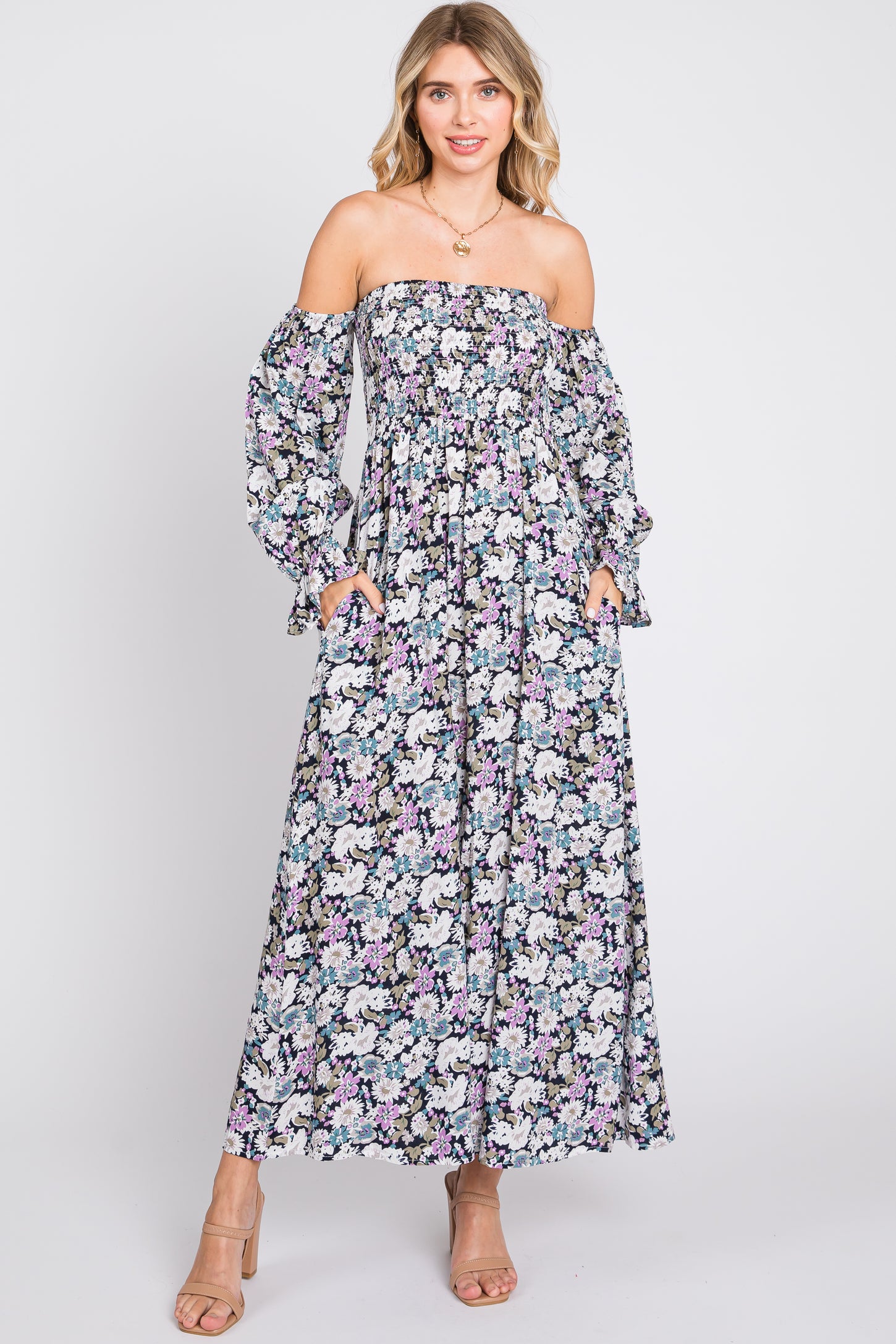 Black Floral Print Off Shoulder Smocked Maternity Maxi Dress