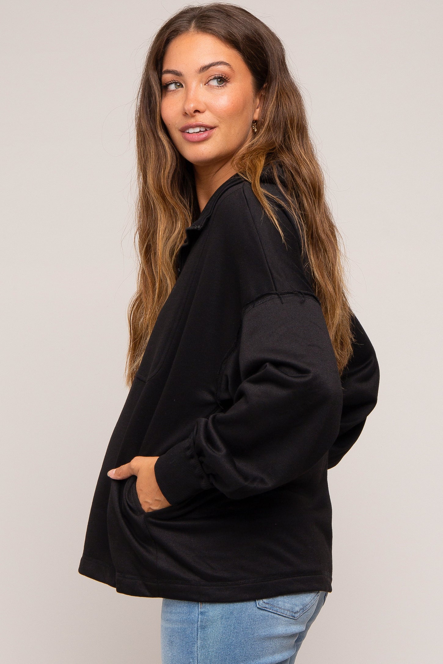Black Half Zip Maternity Pullover Top
