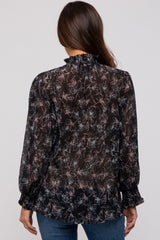 Black Floral Plisse Mock Neck Maternity Blouse