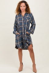 Blue Plaid Button Down Raw Hem Dress