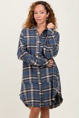 Blue Plaid Button Down Raw Hem Dress
