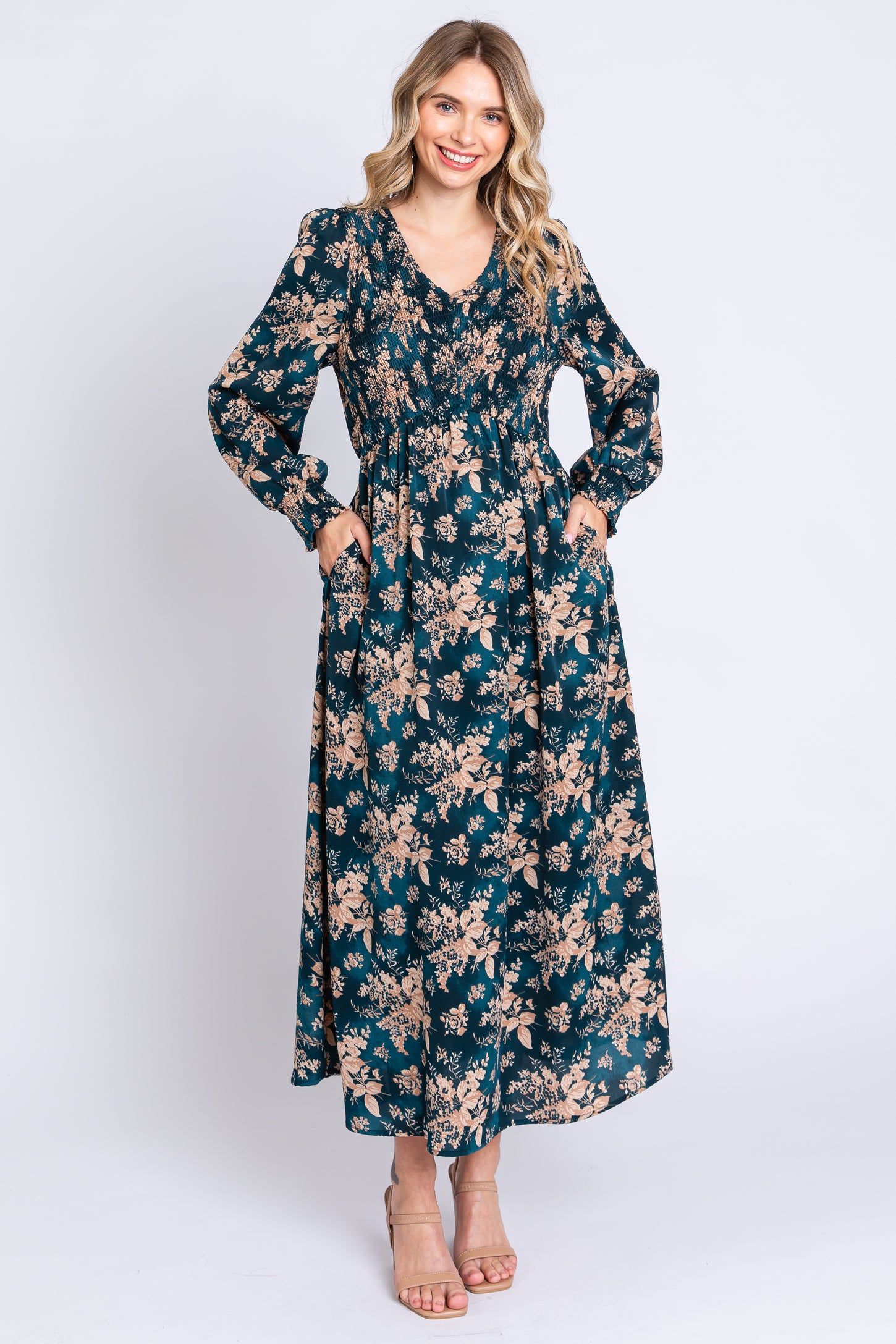 Teal Floral Long Sleeve Maternity Maxi Dress