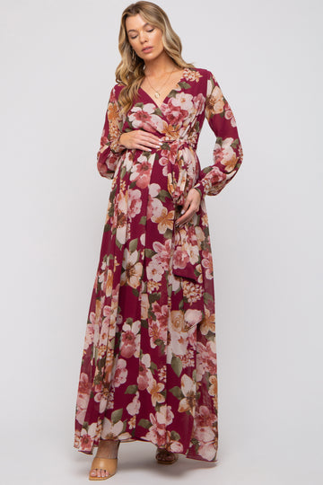 Burgundy Floral Chiffon Wrap Front V-Neck Long Sleeve Maternity Maxi Dress