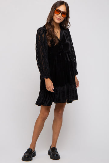 Black Velvet Lace Sleeve Collared Tiered Maternity Dress