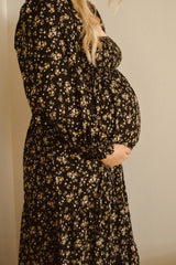 Black Floral Smocked Long Sleeve Maternity Maxi Dress