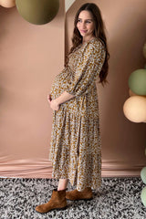 Mocha Floral Smocked Long Sleeve Maternity Maxi Dress