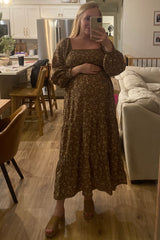 Mocha Floral Smocked Long Sleeve Maternity Maxi Dress