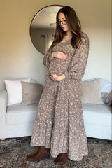 Mocha Floral Smocked Long Sleeve Maternity Maxi Dress