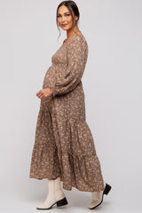 Mocha Floral Smocked Long Sleeve Maternity Maxi Dress