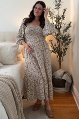 Cream Floral Smocked Long Sleeve Maternity Maxi Dress