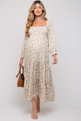 Cream Floral Smocked Long Sleeve Maternity Maxi Dress