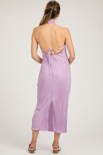 Lavender Knot Front Plisse Halter Maternity Midi Dress