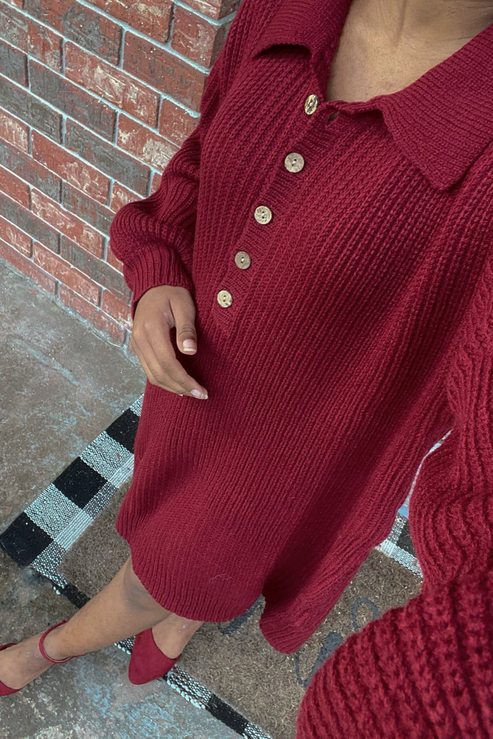 Burgundy Collared Button Front Sweater Dress