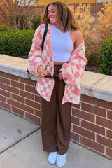 Mauve Checkered Oversized Chunky Knit Cardigan