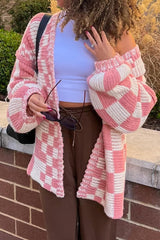 Mauve Checkered Oversized Chunky Knit Cardigan