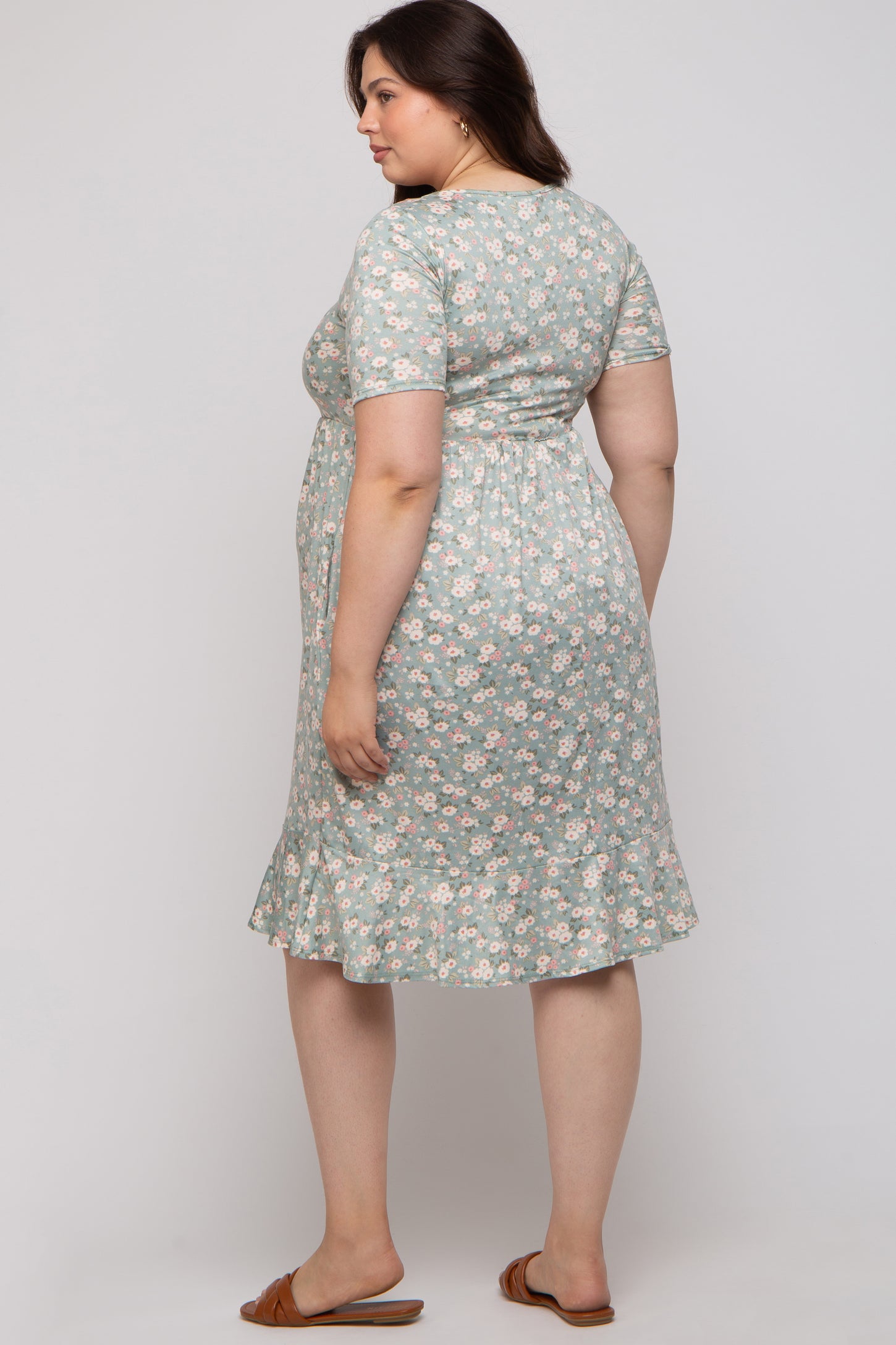 Light Olive Floral Knit Short Sleeve Maternity Plus Dress