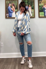 Light Blue Checkered Print Oversized Cardigan