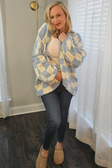 Light Blue Checkered Print Oversized Cardigan