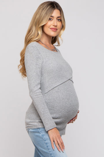Heather Grey Ribbed Crossover Maternity/Nursing Top