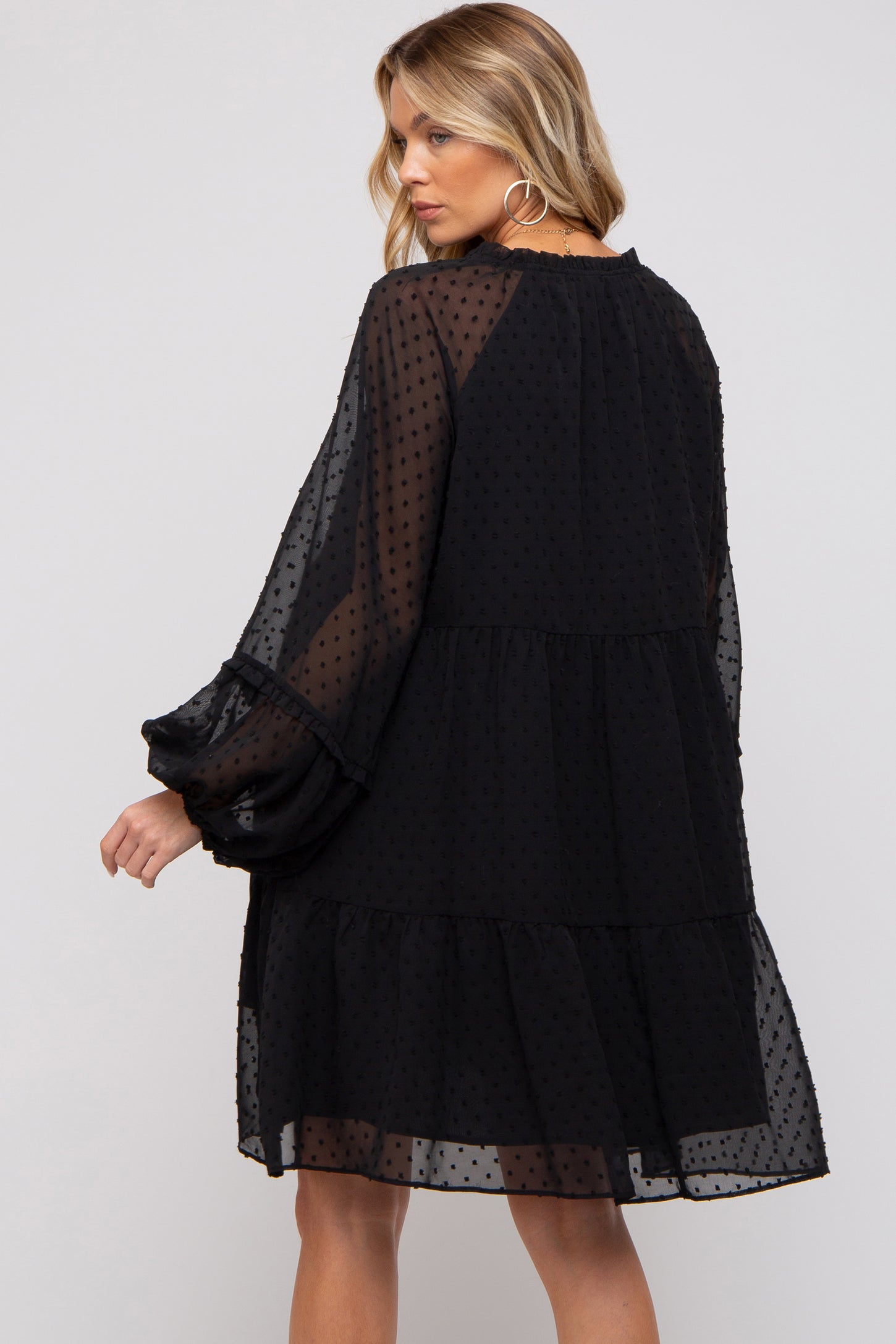 Black Swiss Dot Chiffon Tiered Maternity Dress