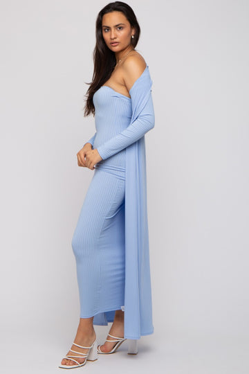 Light Blue Ribbed Sleeveless Dress Cardigan Set