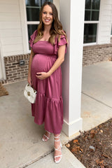 Mauve Satin Flutter Sleeve Maternity Midi Dress