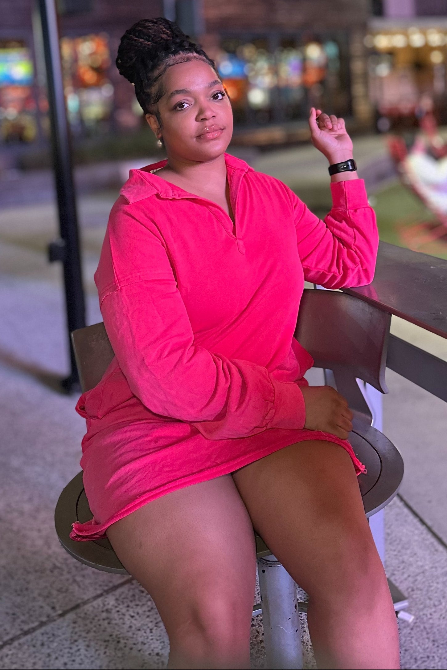 Fuchsia Collared French Terry Raw Edge Dress