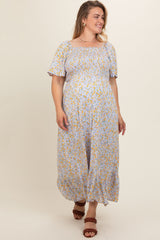 Light Blue Floral Smocked Plus Maternity Maxi Dress