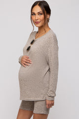 Mocha Ribbed Long Sleeve Maternity Shorts Set