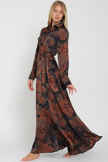 Black Long Sleeve Shirt Collar Wrap Maxi Dress