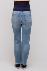 Blue Distressed Knee Straight Maternity Jeans
