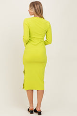 Lime Ribbed Mock Neck Long Sleeve Midi Dress