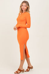 Orange Ribbed Mock Neck Long Sleeve Midi Dress