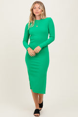 Green Ribbed Mock Neck Long Sleeve Midi Dress
