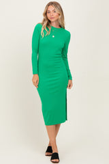 Green Ribbed Mock Neck Long Sleeve Midi Dress