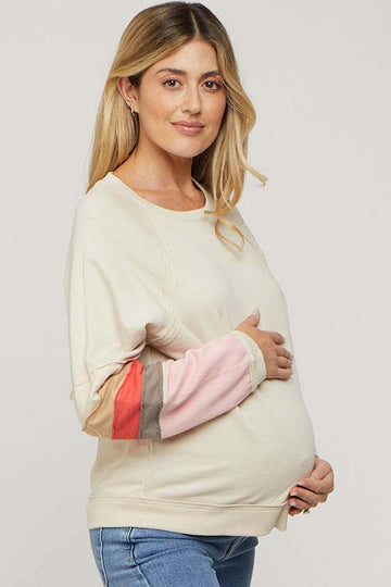 Beige Colorblock Pullover Terrycloth Maternity Sweater