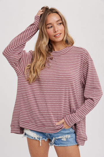 Mauve Crewneck  Slouchy Stripe Top