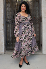 Black Floral Mixed Patchwork Print Ruffle Trim Midi Dress