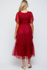 Burgundy Dotted Tulle Smocked Maternity Midi Dress